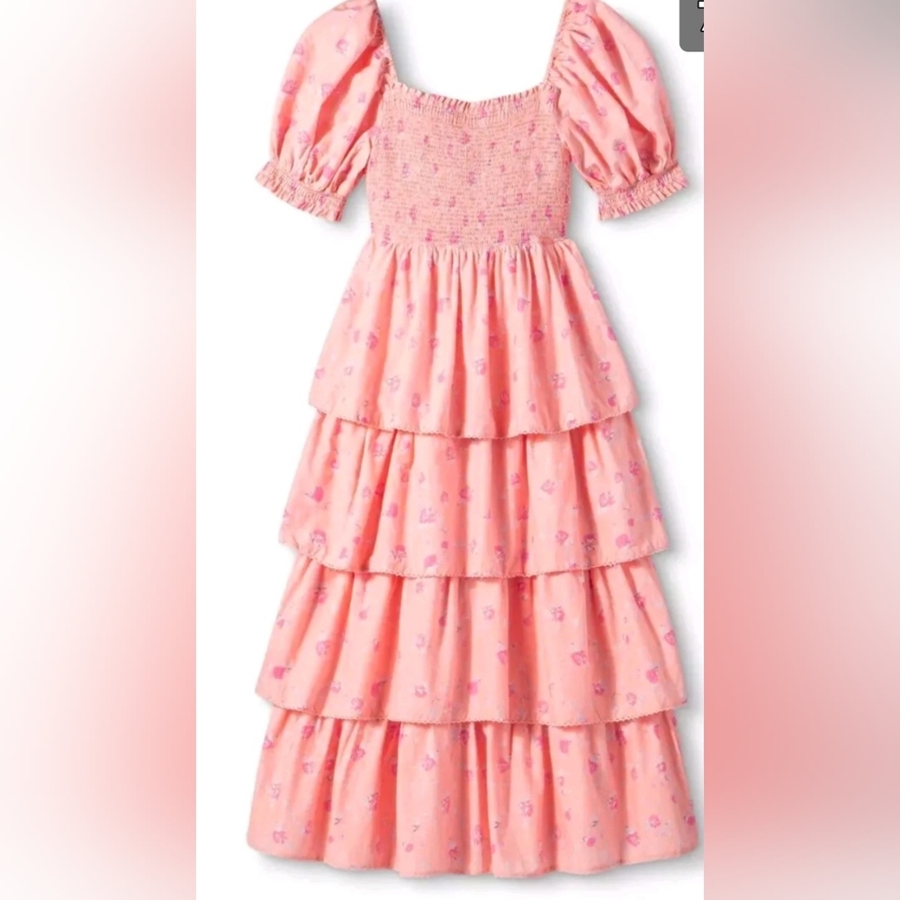 Loveshackfancy Simone peach layered midi floral size 6 dress